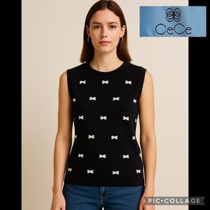 CeCe Black Sleeveless Knit Top with White Bow Embroidery – Size XS